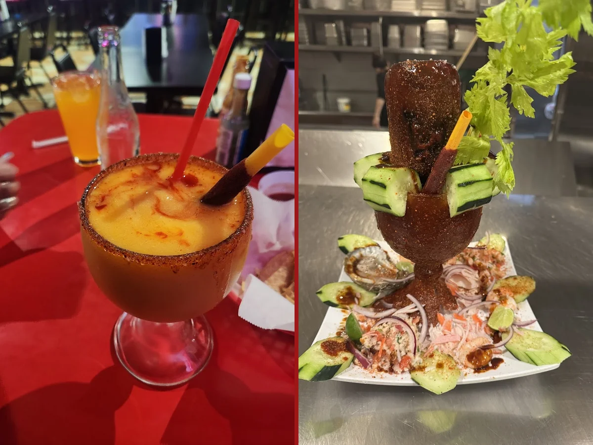 Colorful seafood dishes served on white plates.