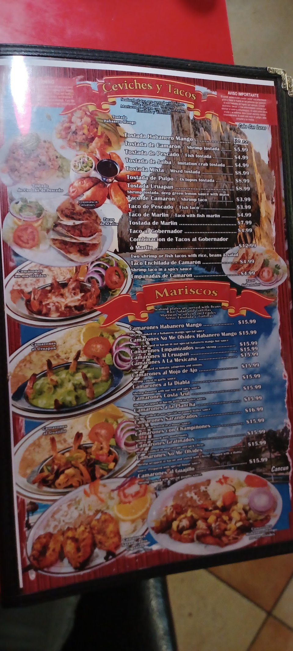 Menu page listing caldos, ceviches, and tacos.