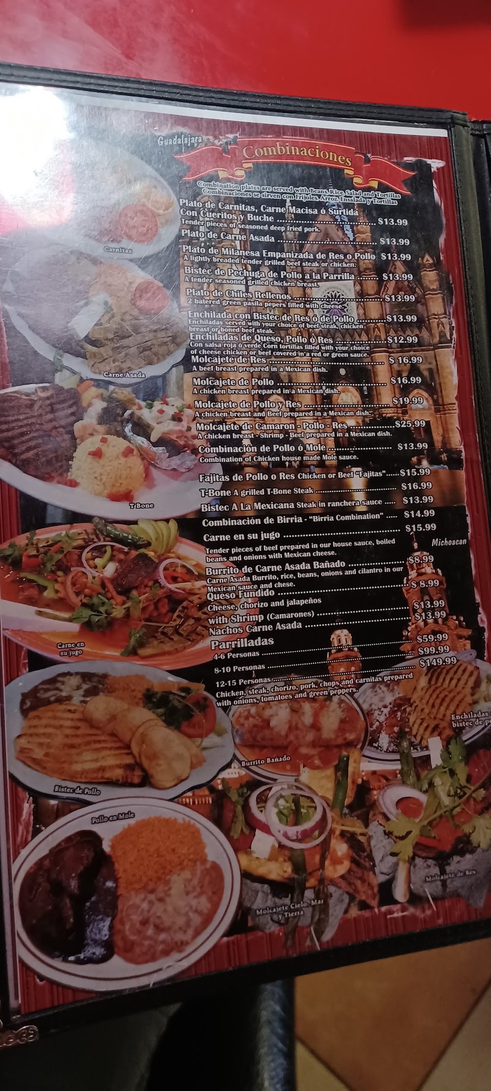 Menu layout with beverages and seafood dishes.